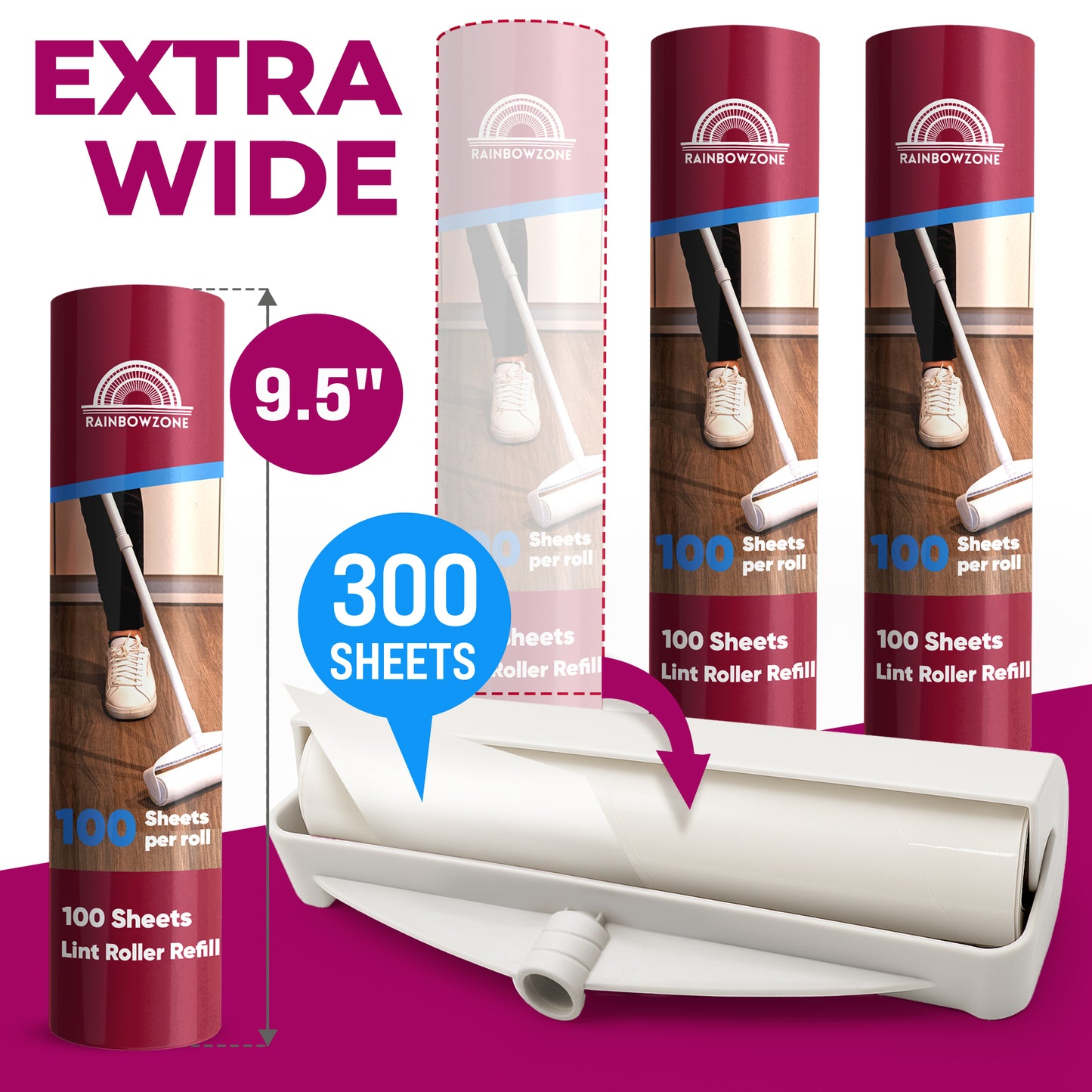 Large Lint Rollers Plus 3 Rolls Ultra-Wide Extra Sticky Adhesive Peel Sheet Total 300 Sheets