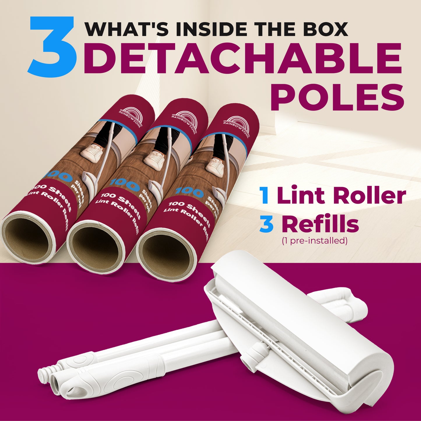 Large Lint Rollers Plus 3 Rolls Ultra-Wide Extra Sticky Adhesive Peel Sheet Total 300 Sheets