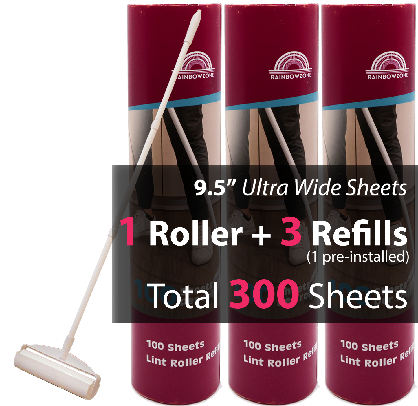 Large Lint Rollers Plus 3 Rolls Ultra-Wide Extra Sticky Adhesive Peel Sheet Total 300 Sheets