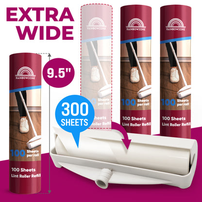 Large Lint Rollers Plus 3 Rolls Ultra-Wide Extra Sticky Adhesive Peel Sheet Total 300 Sheets